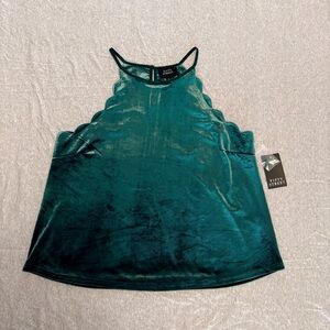 Fifty Street Halter Tank Top Hunter Green Crushed Velvet Scalloped Edge XL NWT